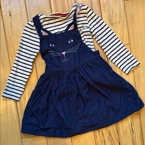 Mini Boden Navy Cord Cat Pinafore Dress with Striped Top - Sz 6/7